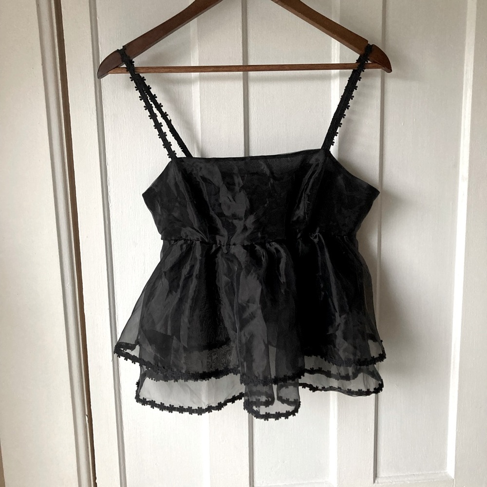 Urban Outfitters Organza Babydoll Top Black Small Floral Trim Tie-Back